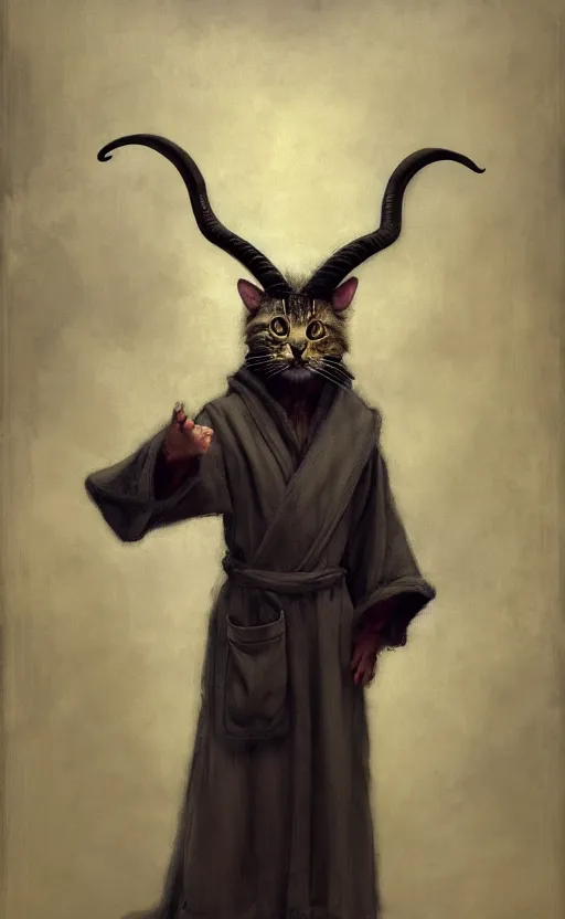 Image similar to a bipedal cat that has goat horns, anthropomorphic cat that is wearing robes, matte oil painting, by james abbott mcneill whistler, d & d, character reveal, fantasy, concept art, cosmic, magical, fog, noble, full body portrait, intricate, ornate, extremely detailed, cult, ritual, sharp focus, 4 k, 8 k