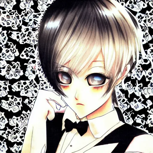 Image similar to realistic illustration of an anime girl with short white hair and black eyes wearing tuxedo in the style of yoshitaka amano, floral black and white patterns on the background, noisy film grain effect, highly detailed, Renaissance oil painting