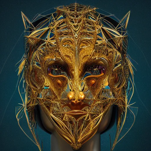 Image similar to a beautiful symmetrical being made of golden ornaments by android jones, 3D, 8k resolution