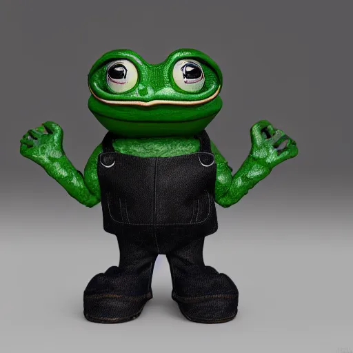 Image similar to perfectly accurate miniature figure of pepe the frog wearing jeans and a black leather jacket, soft textures, skin texture, clothing, 3d sculpture, textured, fine detail, lifelike, photo, high resolution, octane render, post processing, after effects, trending on artstation