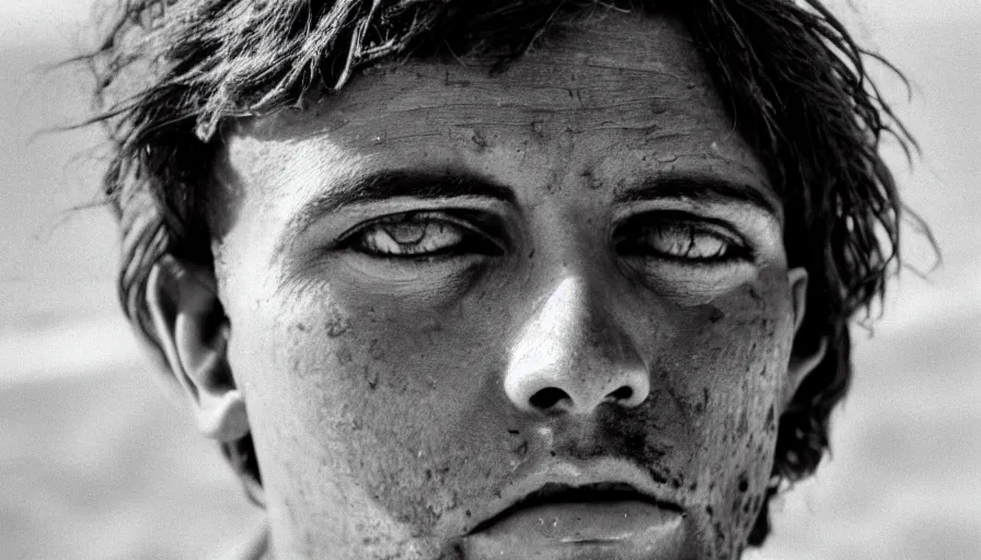 Image similar to 1 9 6 0 s movie still close up of marcus atilius regulus'face with the eyes sew wide open, his body buried in the sand, cinestill 8 0 0 t 3 5 mm b & w, high quality, heavy grain, high detail, texture, dramatic light, anamorphic, hyperrealistic, detailed hair