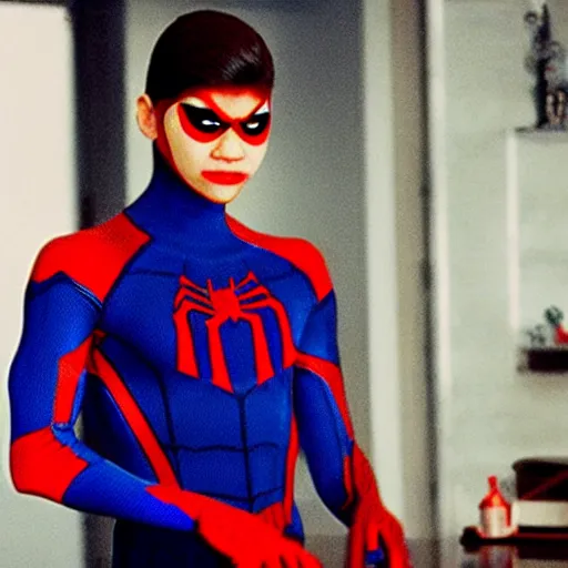 Image similar to Zendaya wearing Spiderman costume in American Psycho (1999)