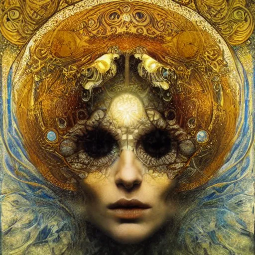 Image similar to Memento Mori by Karol Bak, Jean Deville, Gustav Klimt, and Vincent Van Gogh, beautiful visionary mystical portrait, otherworldly, fractal structures, ornate gilded medieval icon, third eye, spirals