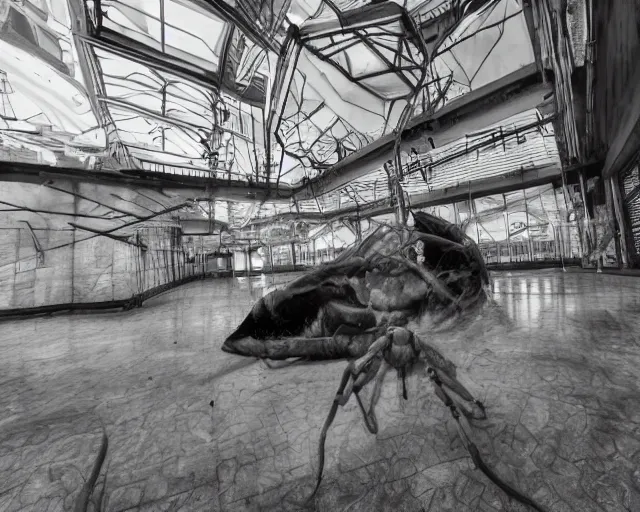 Image similar to camera footage of a Gigantic Spider Demon in an abandoned shopping mall, high exposure, dark, monochrome, camera, Unreal engine 5, grainy, CCTV, security camera footage, timestamp, zoomed in, fish-eye lens, Evil, spider, horrifying, lunging at camera :4