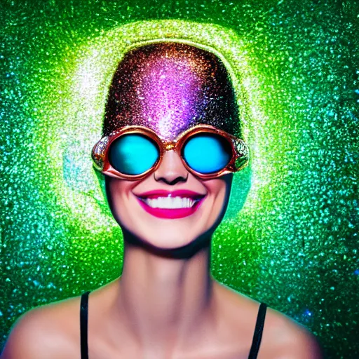 Prompt: head and shoulder portrait of a slender beautiful disco queen, head bent back in laughter, impish smile, eyes peering just above her sunglasses, illuminated from behind by a giant mirrored disco ball with light shooting out of it, sci - fi, 3 d oil painting, 4 k