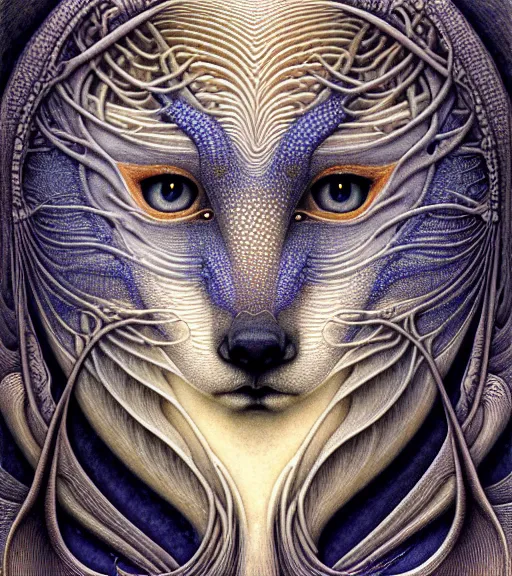 Image similar to detailed realistic beautiful fox goddess face portrait by jean delville, gustave dore, iris van herpen and marco mazzoni, art forms of nature by ernst haeckel, art nouveau, symbolist, visionary, gothic, neo - gothic, pre - raphaelite, fractal lace, intricate alien botanicals, ai biodiversity, surreality, hyperdetailed ultrasharp octane render