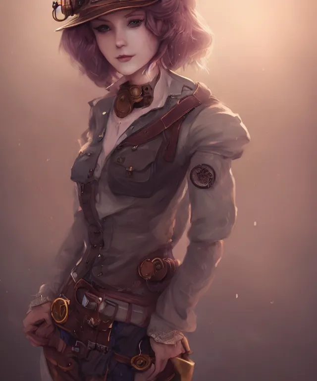 Prompt: cute friendly fantasy builder wearing a construction outfit by charlie bowater and titian and artgerm, intricate, face, in a steampunk construction site, elegant, mauve mist, beautiful, highly detailed, dramatic lighting, sharp focus, trending on artstation, artstationhd, artstationhq, unreal engine, 4 k, 8 k