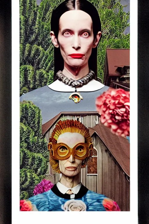 Prompt: instax of American Gothic from Vogue editorial fashion photography, dressed by Givenchy and Salvatore Ferragamo, haute couture painted by Andrea Pozzo, still frame of Pan's Labyrinth and Prometheus by Guo Jian and Yue Minjun, in lush brain coral femur by Javier Medellin Puyou