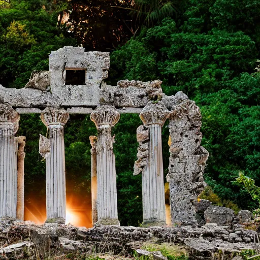 Image similar to a photo of the ruines of a geek temple during sunset on an island, 5 0 mm lens, f 1. 4, sharp focus, ethereal, emotionally evoking, head in focus, volumetric lighting, blur dreamy outdoor,