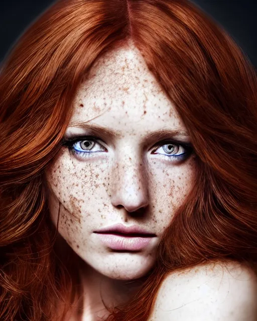 Prompt: lovely adult woman character portrait, by peter morbacher, long wavy auburn hair, stunning eyes, freckles, highly detailed, dynamic shadows, 4 k, splash art