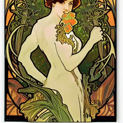 Prompt: beautiful art nouveau of tropical flora by Alphonse Mucha