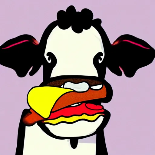 Prompt: a happy cow eating a cheeseburger, high art
