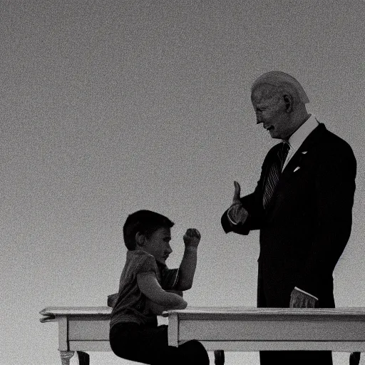 Prompt: dark room high - resolution photo of a child hilding under a table with joe biden behind him.