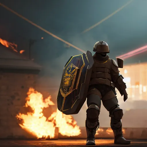 Prompt: Heavily armored soldier with a shield riding a hoverboard with several buildings on fire behind him, cinematic lighting, highly detailed, 8k octane render