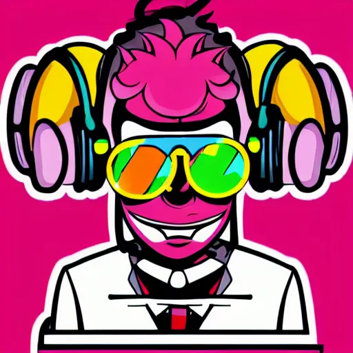 Image similar to svg vector sticker of absolutely insane-mad-scientist-villain, rocking out, wearing headphones, huge speakers, dancing, rave, DJ, spinning records, digital art, amazing composition, rule-of-thirds, award-winning, trending on artstation, featured on deviantart