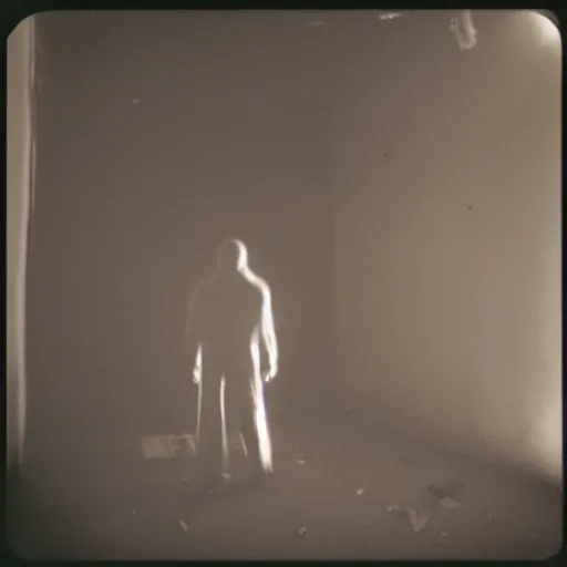 Image similar to Photograph of an abandoned 1940s liminal space, shadow man standing in corner, dark, no lights, moist, taken using a film camera with 35mm expired film, bright camera flash enabled, award winning photograph, creepy, liminal space