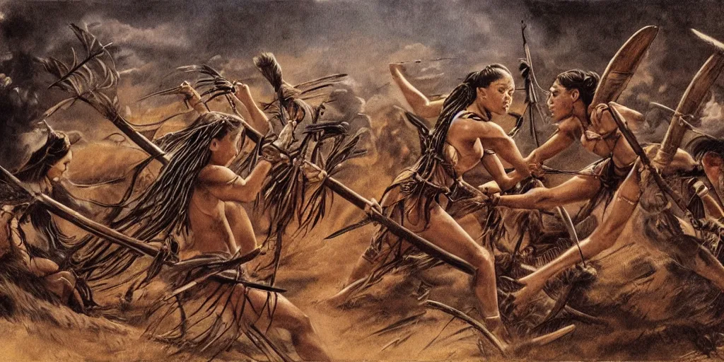 Prompt: movie scene, powerful beautiful aztec and Amazonian warrior females fight, bow, flying arrows, spear, epic camera, vintage, Boris vallejo, sepia, apocalypto