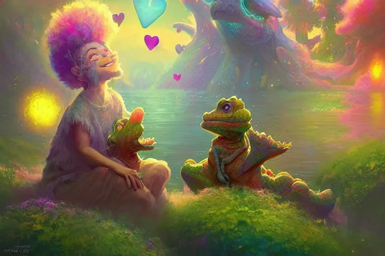 Image similar to a psychedelic realm made entirely out of love and acceptance, astral beings sharing love. filled with cute smiling glowing chibi style pixar baby dinosaurs in the style of greg rutkowski! and wlop and lisa frank! and bob ross!!! and ruan jia, illustration, epic, fantasy, hyper detailed, smooth, unreal engine, sharp focus, ray tracing