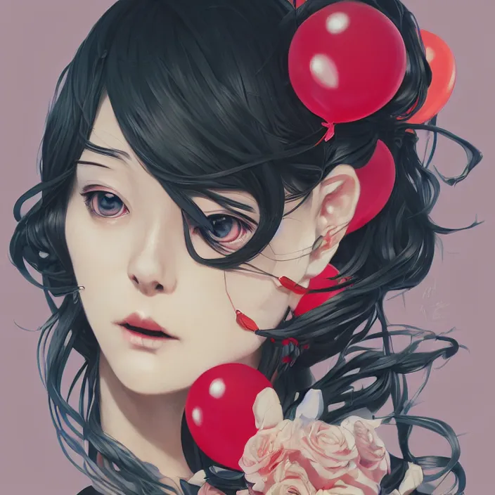 Image similar to anime skull portrait woman, balloons, mucha, hard shadows and strong rim light, art by jc leyendecker and atey ghailan and sachin teng