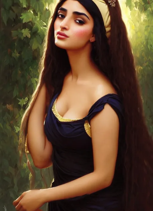 Prompt: beautiful arab woman with long black hair, tan skin, voluptuous curvy hourglass figure, round face, slight resemblance to ameera altaweel wearing a frilly disney princess dress headband, beautiful painting by artgerm and greg rutkowski lois van baarle and bouguereau