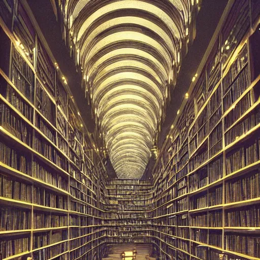 Prompt: a labyrinthine library deep underground lit by lanterns, piranesi, moebius