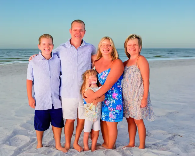 Prompt: 8 k portrait of a happy family on a beach, family beach photography, myrtle beach