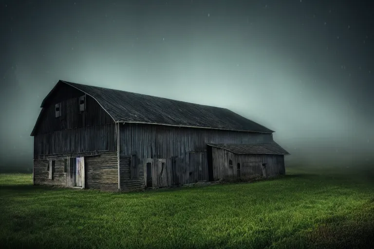 Image similar to a realistic photograph of a barn at night with ghosts, dark, moody, fog, volumetric lighting, cinematic