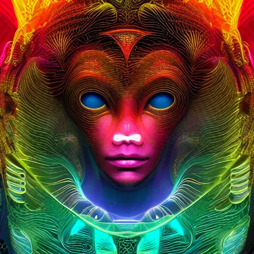 Image similar to Face of an Alien Deity, centered, corals, plume made of geometry, extremely detailed digital painting, sharp focus in the style of android jones, artwork of a futuristic artificial intelligence superstar with frames made of detailed circuitry , mystical colors, rim light, beautiful lighting, 8k, stunning scene, raytracing, octane, under water visual distortion, dark tones colors, trending on artstation