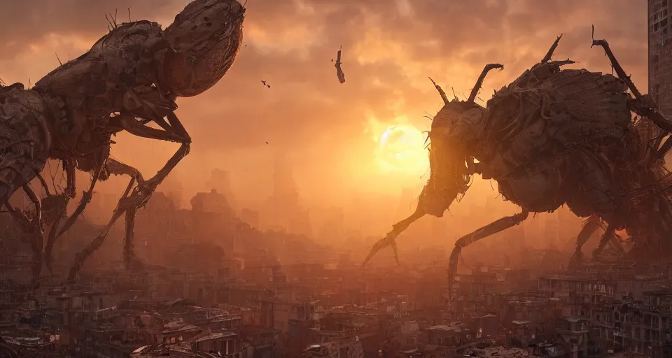 Prompt: giant insects crush a city, hyperdetailed, artstation, cgsociety, golden hour 8k