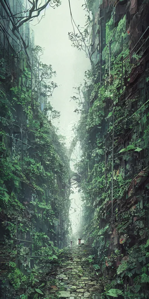 Image similar to abandoned overgrown old alley in hong kong, epic vines, illustration by niko delort,