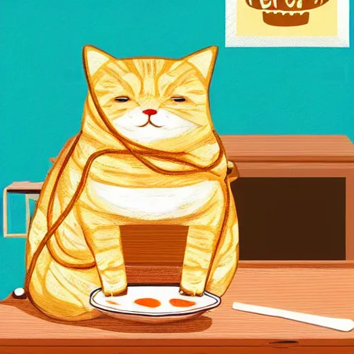 Image similar to cute fat cat sitting in front of ramen noodles on toast, photo realistic