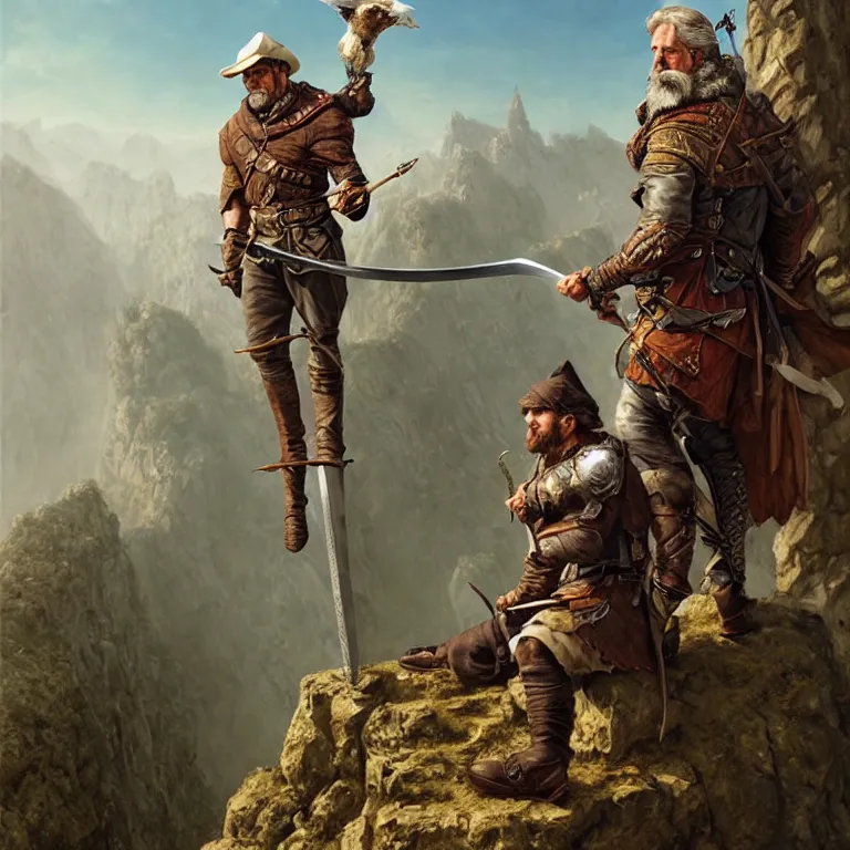 Image similar to middle age ranger with rugged expresions falcon pet on his sholder holding a long sword, top a cliff observing old ruins of a castle, elegant clothing, photorealistic render, matte patining, highly detailed, artstation, smooth, sharp focus, art by michael whelan, artgerm, greg rutkowski