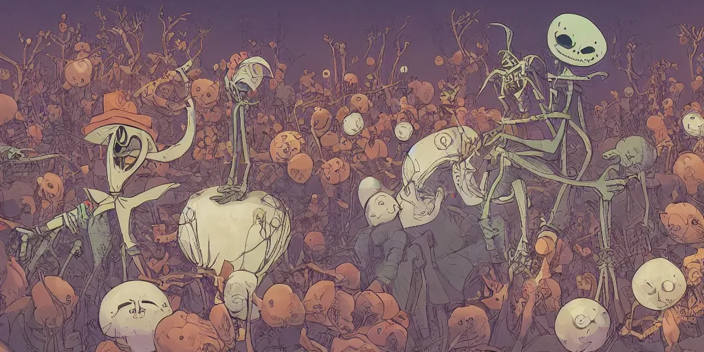 Image similar to a study of cell shaded cartoon of a scene from tim burtons nightmare before christmas, illustration, wide shot, muted colors, concept art by josan gonzales and wlop, by james jean, victo ngai, david rubin, mike mignola, laurie greasley, highly detailed, sharp focus, trending on artstation, hq, deviantart, art by artgem