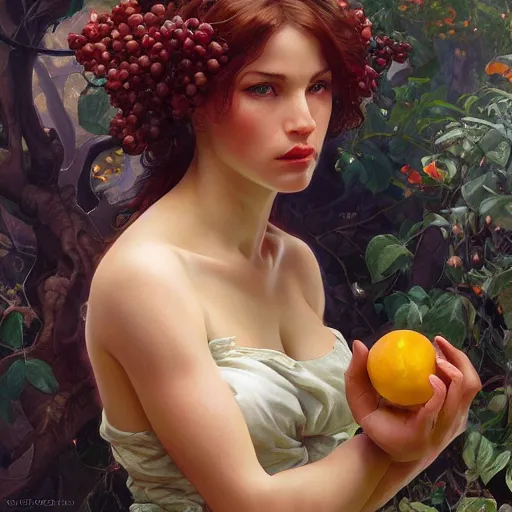 Image similar to eve eating fruit from the tree of knowedge of good and evil in the gardnen of eden, highly detailed, digital painting, artstation, concept art, smooth, sharp focus, illustration, artstation, art by artgerm, greg rutkowski, alphonse mucha, ilya repin and charlie bowater