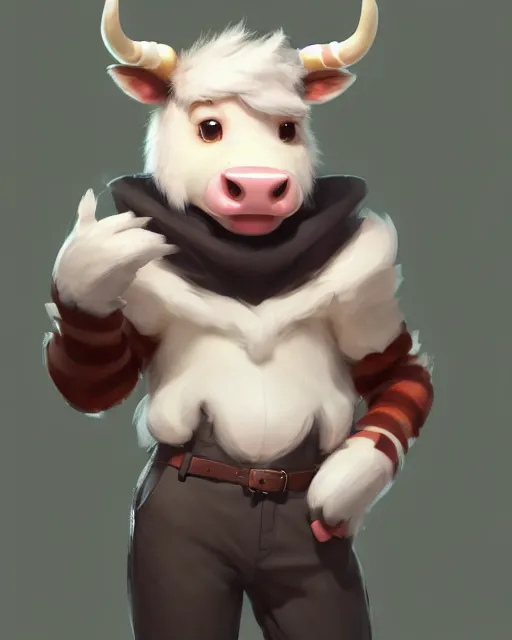 Image similar to character concept art of a cute young male anthropomorphic furry cow | | cute - fine - face, pretty face, key visual, realistic shaded perfect face, fine details by stanley artgerm lau, wlop, rossdraws, james jean, andrei riabovitchev, marc simonetti, and sakimichan, trending on artstation