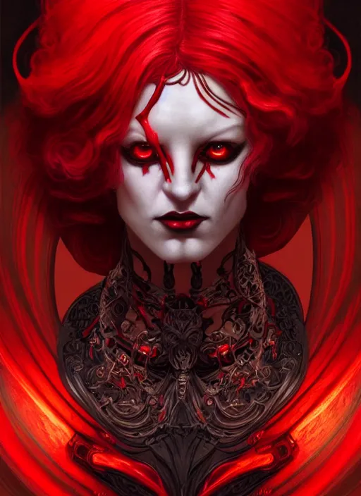 Image similar to the god hades, red hair, glowing eyes, volumetric lights, black and red scheme, art nouveau botanicals, gothic, intricate, highly detailed, digital painting, artstation, concept art, smooth, sharp focus, symmetric face, illustration, steampunk, art by artgerm and greg rutkowski and alphonse mucha