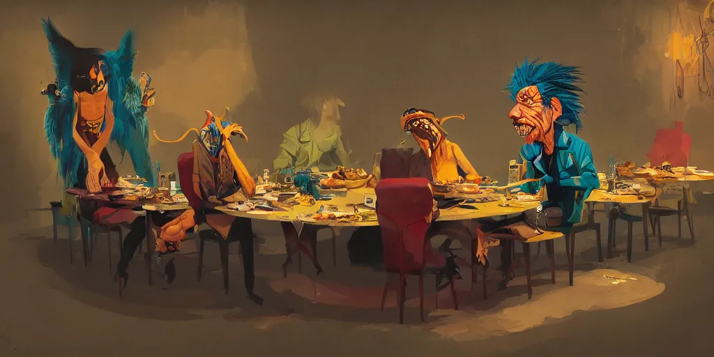 Image similar to cartoonish iggy pop having dinner with tom waits, vivid colors, character sheet, fine details, concept design, contrast, kim jung gi, greg rutkowski, trending on artstation, 8 k, full body, turnaround, front view, back view, ultra wide angle