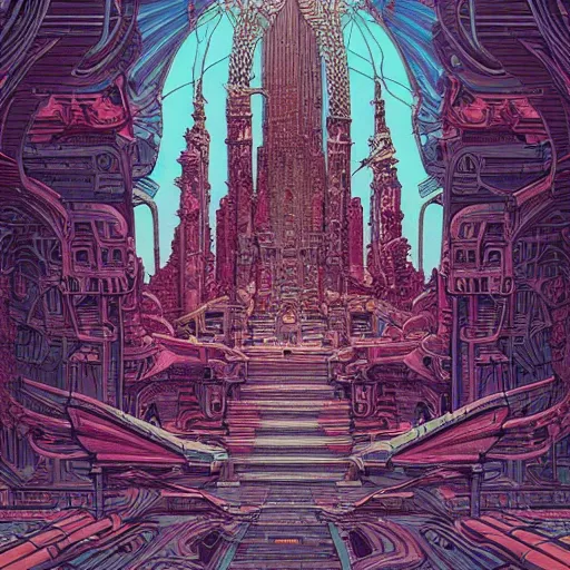 Image similar to highly detailed illustration of a temple on a strange planet, juxtapoz magazine, moebius, kilian eng, behance, deviant art, thomas rome