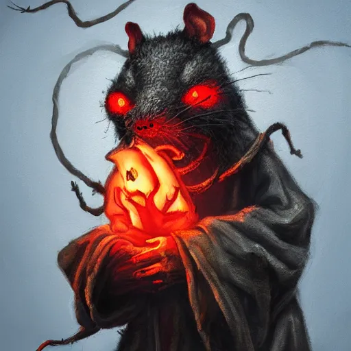 Prompt: painting of a ghostly rat with glowing red eyes, wearing tattered black burlap robes, floating in mist, clutching a blue flame in each hand, anthropomorphic rat, skaven, master splinter, nicodemus, photorealistic, artstation