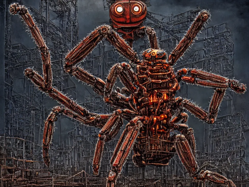 Prompt: a giant salticidae spider robot in front of a massive rusty industrial plant, biomechanical, biopunk, nighttime, low key, dark, gloomy, hazy, neon, one watch tower, oil spills, vignette, art by hr giger, digital art