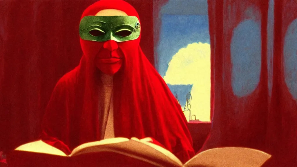 Prompt: a fortune teller wearing a mask sits in a red velvet room reading a fortune, film still from the movie directed by Studio Ghibli with art direction by Zdzisław Beksiński and Salvador Dalí, wide lens