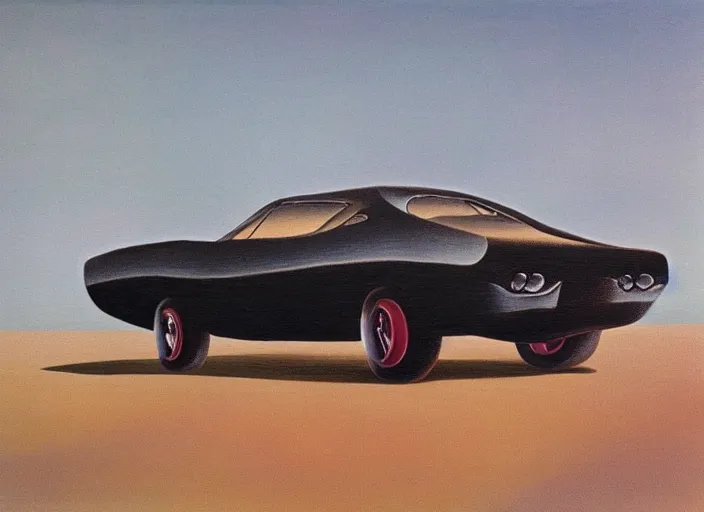 Prompt: 1970s muscle car parked in the Californian desert painted by surrealist painter Kay Sage and Yves Tanguy, oil on canvas, 1952