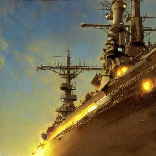 Image similar to detailed cinematic wide shot of world war 2 battleship, ultra realistic, spring light, painting by gaston bussiere, craig mullins, j. c. leyendecker.