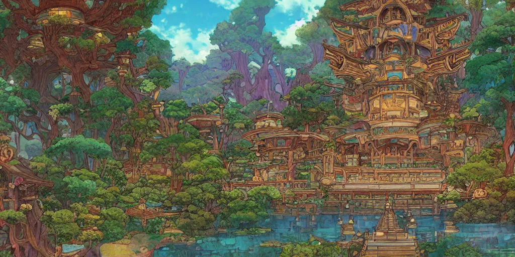 Image similar to beautifully detailed painting of a dreamy psychedelic Palace by studio ghibli , moebius, FFXIV environment design