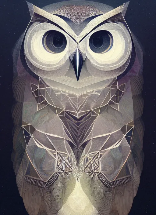 Image similar to portrait of a geometric owl, identical eyes, medium shot, illustration, full body made of white feathers, symmetrical, art stand, super detailed, cinematic lighting, and its detailed and intricate, gorgeous, by peter mohrbacher