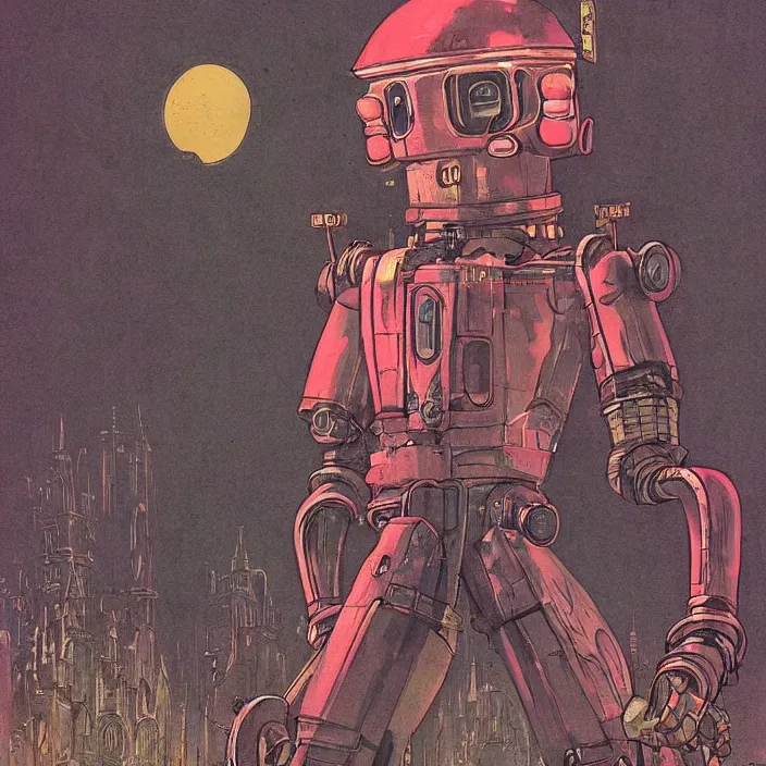 Image similar to a retrofuturism robot hunter from bloodborne in yharnam, style by retrofuturism, faded red and yelow, by malcolm smith, old comics in city, nicholas roerich, katinka reinke