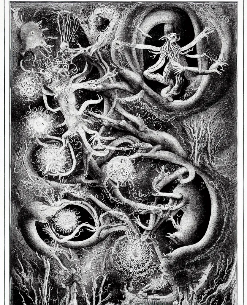 Image similar to whimsical freaky creature sings a unique canto about'as above so below'being ignited by the spirit of haeckel and robert fludd, breakthrough is iminent, glory be to the magic within