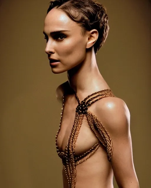 Prompt: nathalie portman wearing a risque outfit made from ropes, half body portrait, greg kutkowski, sharp details, soft lighting, subsurface scattering, pearls of sweat, glistening skin, warm lighting