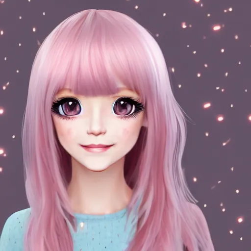 Prompt: Render of Nikki from Shining Nikki Dress-Up Game, a cute 3D young woman, long light pink hair, full bangs, full round face, hazel amber eyes, pale skin, cute freckles, light blush, Chinese heritage, smiling softly, wearing casual clothing, interior lighting, cozy home background, medium shot, mid-shot, hyperdetailed, trending on Artstation, Unreal Engine 4k