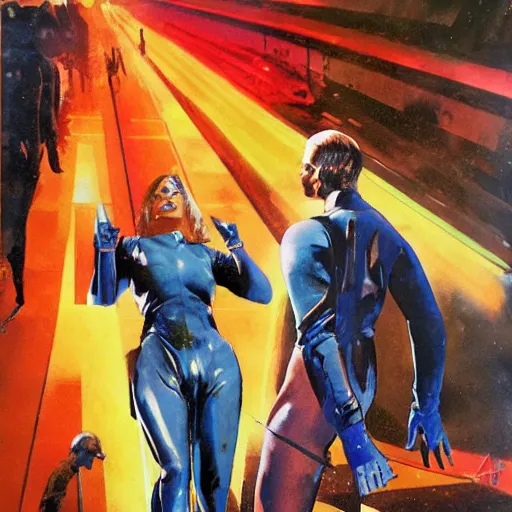 Image similar to photorealistic picture, by bob peak and alex ross, random scifi cover comic book, gouache and wash paints, fine details, fine intricate, fine facial proportionate, fine body proportionate, fine fix broken line, fine fix duplicate line, smooth focus, sharp focus